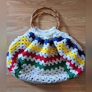 Handmade NEW Multicolor Crochet Bag with Bamboo Handles Granny Square